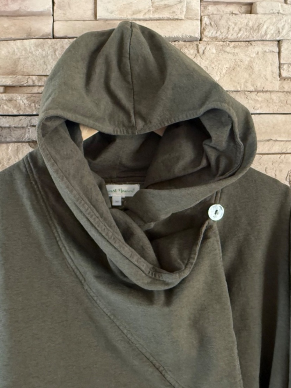 Stewart + Brown Olive Green Organic Cotton Wrap Hooded Coat Size M - Picture 6 of 11